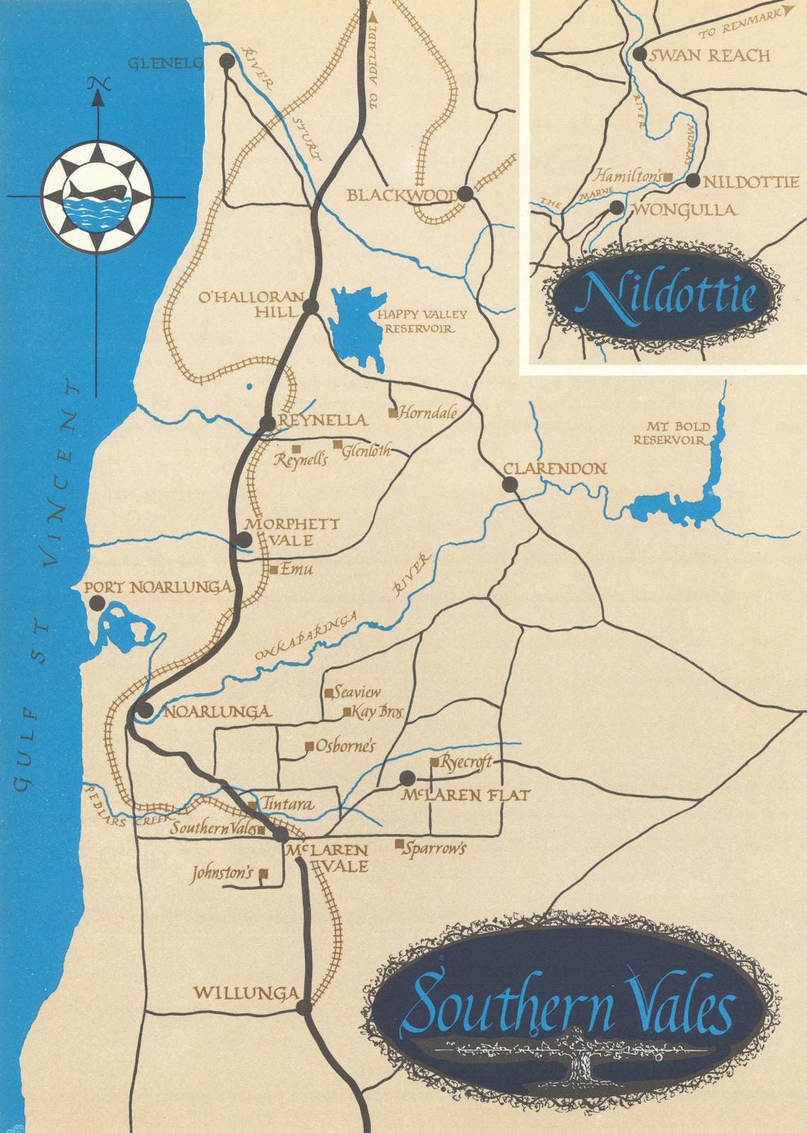 Southern Vales & Nildottie. South Australia wineries 1966 old vintage map